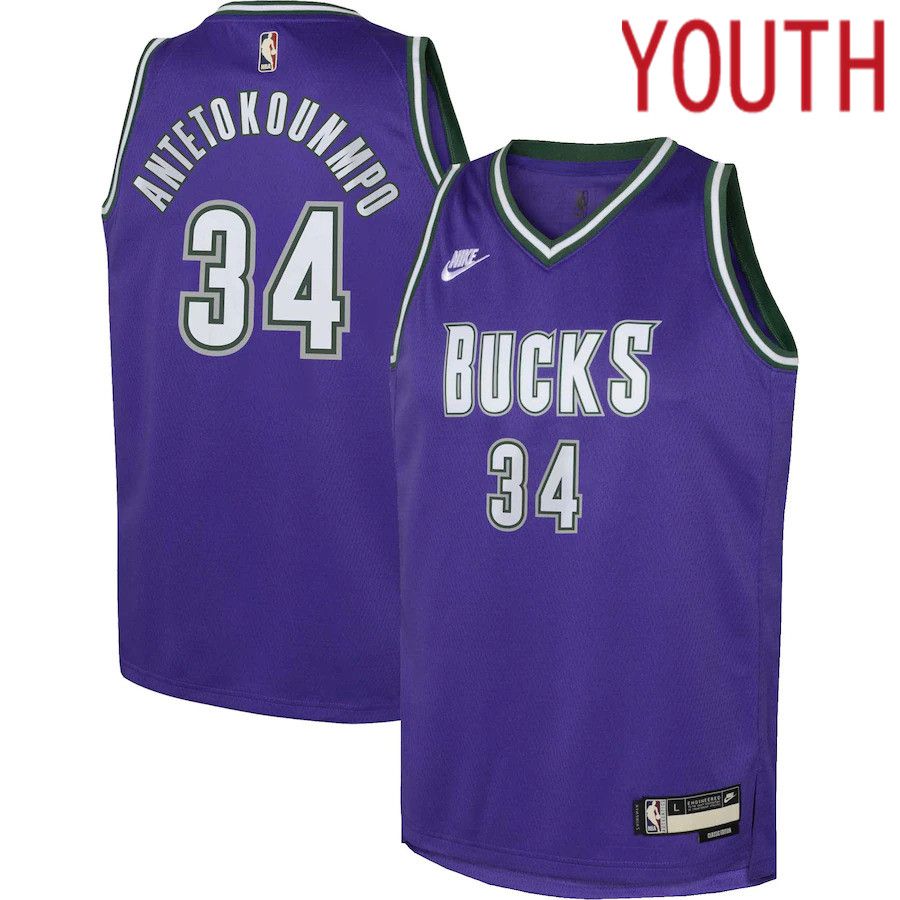 Youth Milwaukee Bucks 34 Giannis Antetokounmpo Nike Purple Classic Edition 2022-23 Swingman NBA Jersey